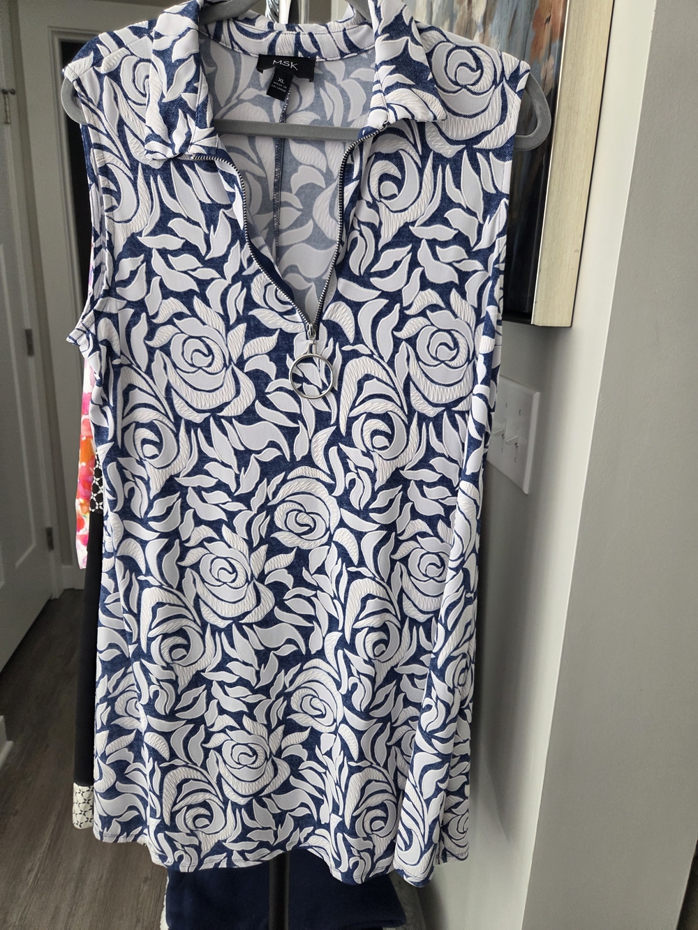 MSK Navy & White Floral Zip-Front Sleeveless Tunic